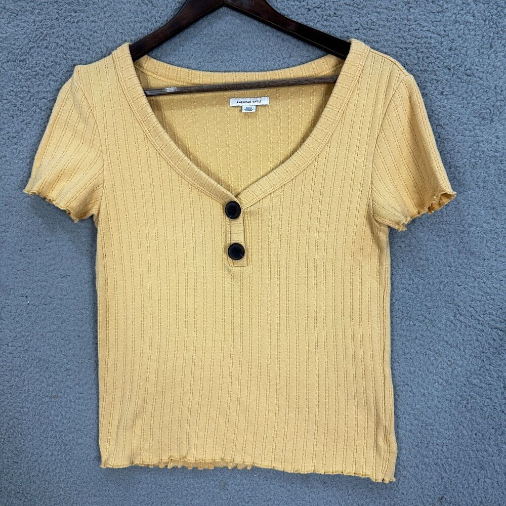 American Eagle Top Womens Medium Yellow V Neck Ribbed Knit Boho 90s Y2K Preppy